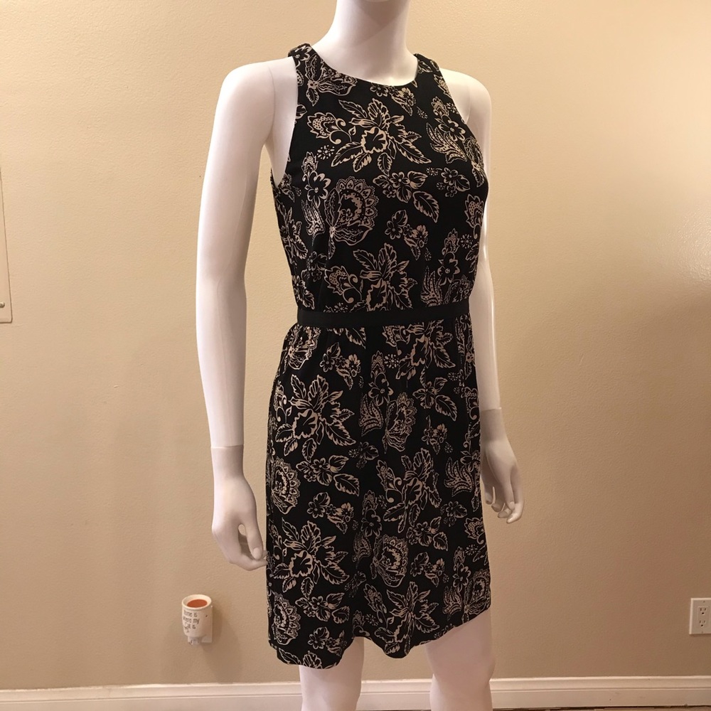 Ann Taylor LOFT Sleeveless Dress Black Tan Floral Size XS Office Chic Classy
